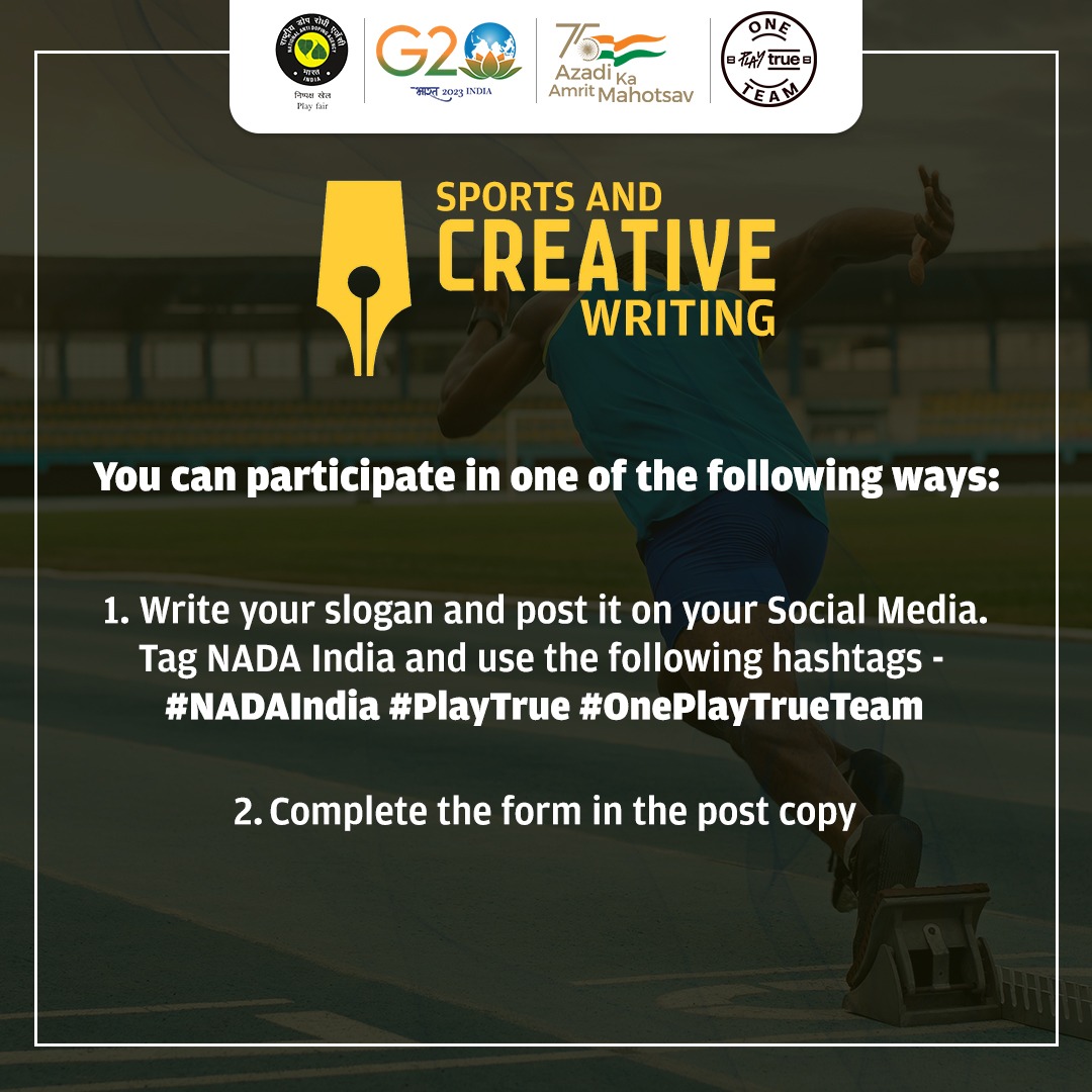 NADAIndiaOffice's tweet image. Participate in slogan writing competition now!

Register at: registration.nadaindia.in/play-true-slog…

#SloganWriting #WADA #NADA #PlayTrue2023 #PlayTrueDay #OnePlayTrueTeam #CleanSport #FairPlay #PlayFair #NoDoping #PlayTrue #IForIntegrity #SayNoToDoping #NADAIndia 

@wada_ama @g20org