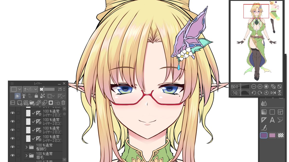 <Live2Dモデル作成 4月1日>
各パーツの色塗り作業中 レイヤー数がとんでもない数になっております 