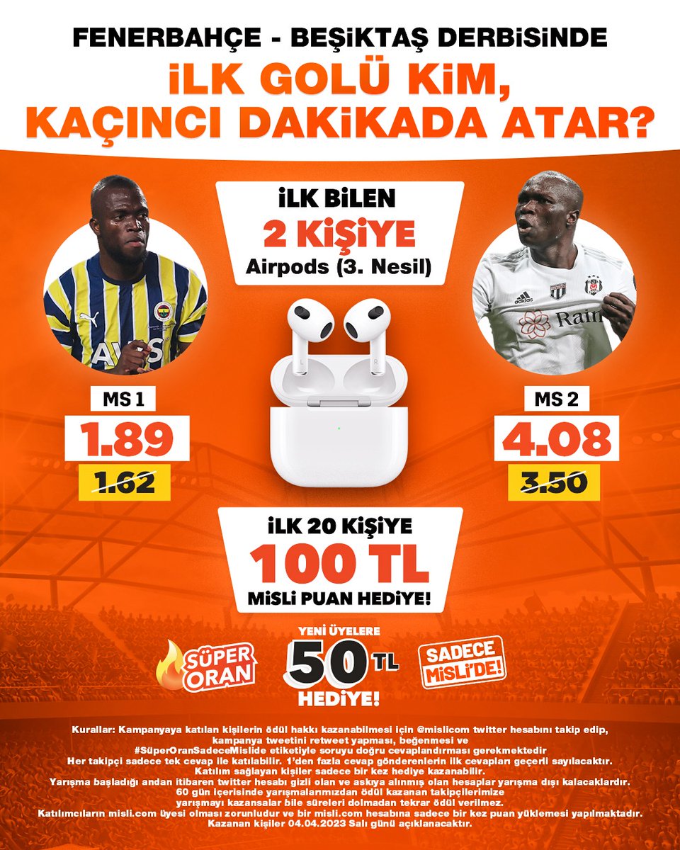 mislicom's tweet photo. 🤔 Fenerbahçe - Beşiktaş derbisinde ilk golü kim, kaçıncı dakikada atar? #FBvBJK 

🎁 Bilen ilk 2 kişiye 'Airpods' hediye!
🎁 Bilen ilk 20 kişiye '100 TL değerinde Misli Puan' hediye!
 
👉 @mislicom takip et
👉 Rt yap, beğen
👉 #SüperOranSadeceMislide etiketiyle cevabını gönder https://t.co/fQl62grSYS