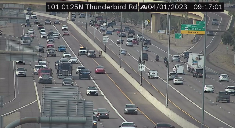 ArizonaDOT's tweet photo. Loop 101 Agua Fria northbound near Thunderbird: A disabled vehicle is blocking the HOV lane.

#Loop101 #phxtraffic https://t.co/sxA1QUz2ve