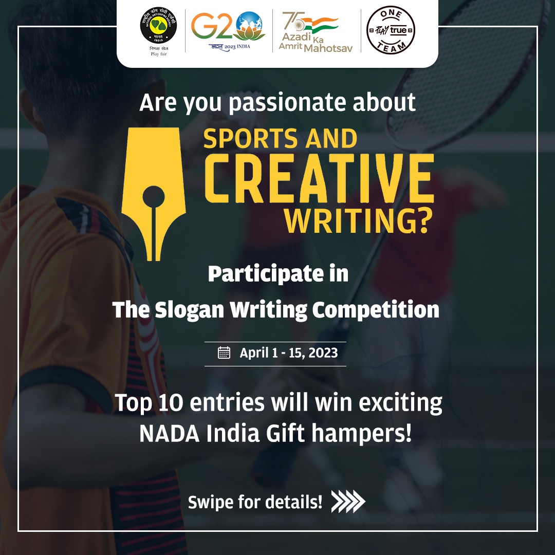 NADAIndiaOffice's tweet image. Participate in slogan writing competition now!

Register at: registration.nadaindia.in/play-true-slog…

#SloganWriting #WADA #NADA #PlayTrue2023 #PlayTrueDay #OnePlayTrueTeam #CleanSport #FairPlay #PlayFair #NoDoping #PlayTrue #IForIntegrity #SayNoToDoping #NADAIndia 

@wada_ama @g20org