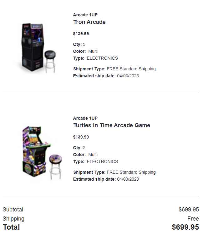 ZackMatloff's tweet photo. Yet another loop of the Macys Glitch. 11 Arcade 1up Machines for 80% off! Huge shoutout to @PriceErrors for making it happen! https://t.co/YOg3ulYNHf