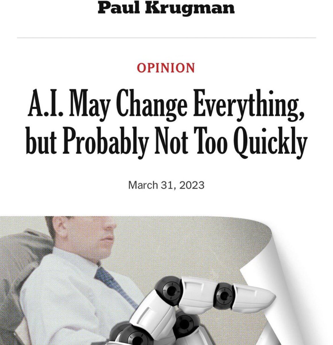 "By 2005 or so, it will become clear that the Internet's impact on the economy has been no greater than the fax machine's." Paul Krugman in 1998

The word "probably" below is his hedge. He should have waited one more day to publish as a further hedge.