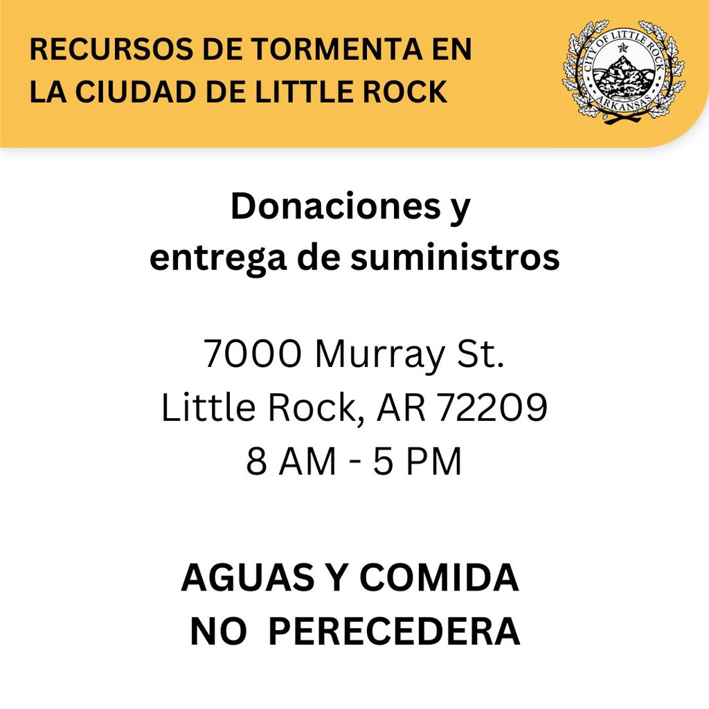 Community support in the form of #DONATIONS can be dropped off at the Emergency Operations Center located at 7000 Murray Street, Little Rock, AR 72209. 

Drop off only at this time. WATER &amp; NON- PERISHABLE FOOD ITEMS
8:00 AM - 5:00 PM