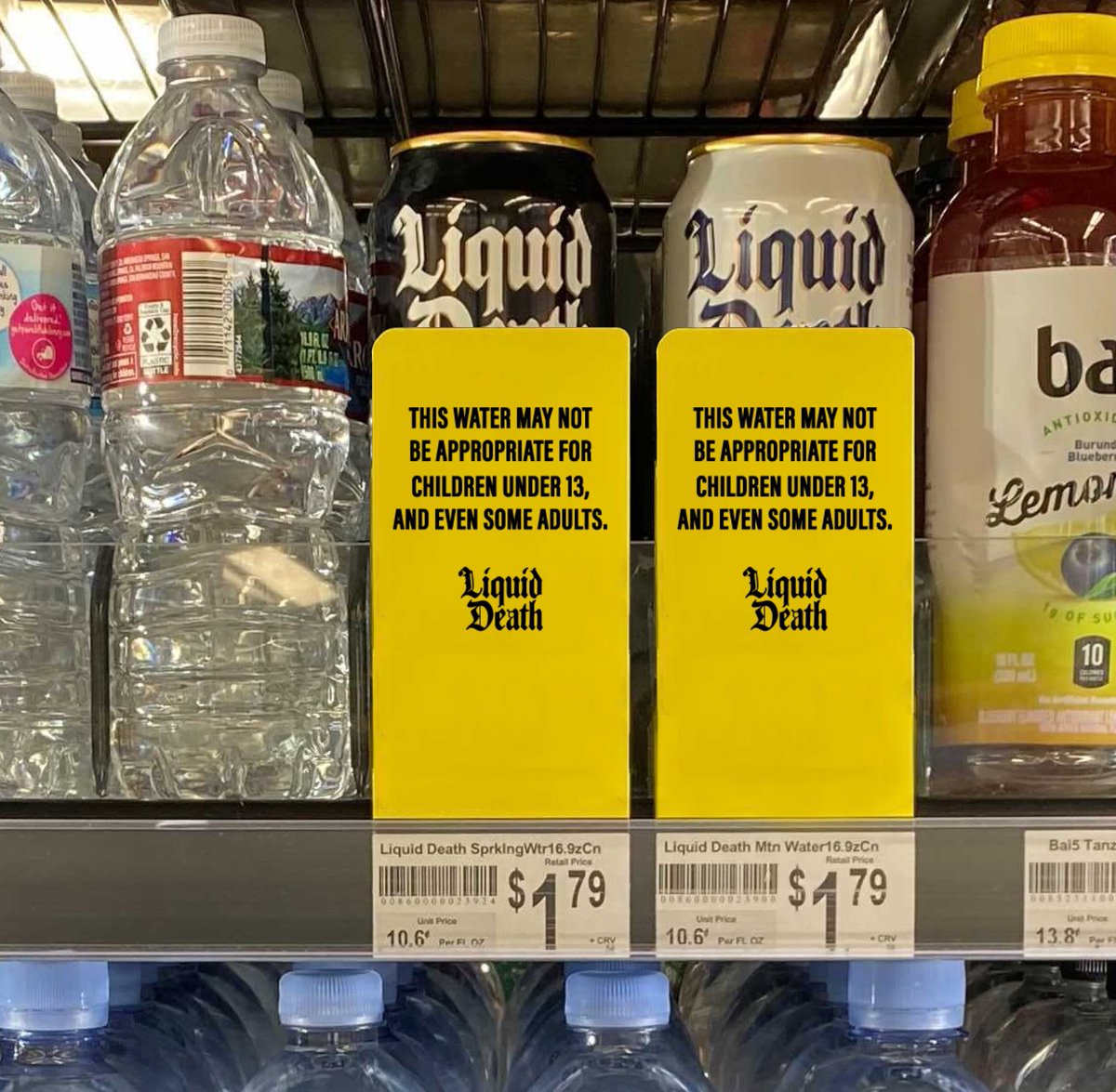 LiquidDeath's tweet photo. Just like pornographic magazines in the airport, national retailers are now requiring Liquid Death to obscure our labels on shelf for the safety of children and the easily-offended. https://t.co/zREeDYmVo3