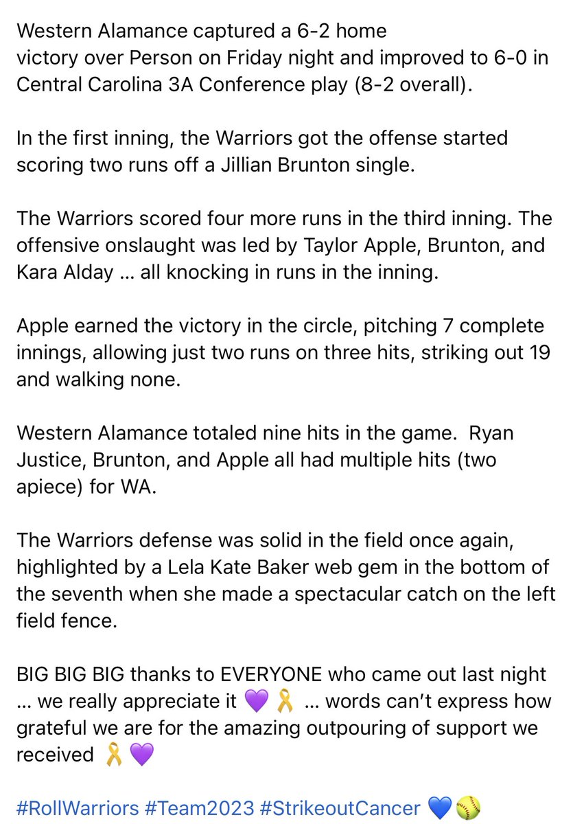 DubASoftball's tweet photo. THAT’S A WARRIOR “STRIKEOUT CANCER” WIN 🎗️💜 https://t.co/IUQRkLAc6m