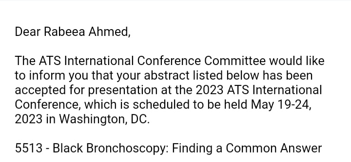 Uxama_Zafar's tweet image. Glad three of our abstracts have been accepted for presentation at ATS conference 2023. Credit to our team @rabeea_ahmed99 and @Ahsan_128 .Special thanks to our mentor Dr Kamran Manzoor, MD for helping us with this opportunity. Looking forward to it! @atscommunity #ATS2023