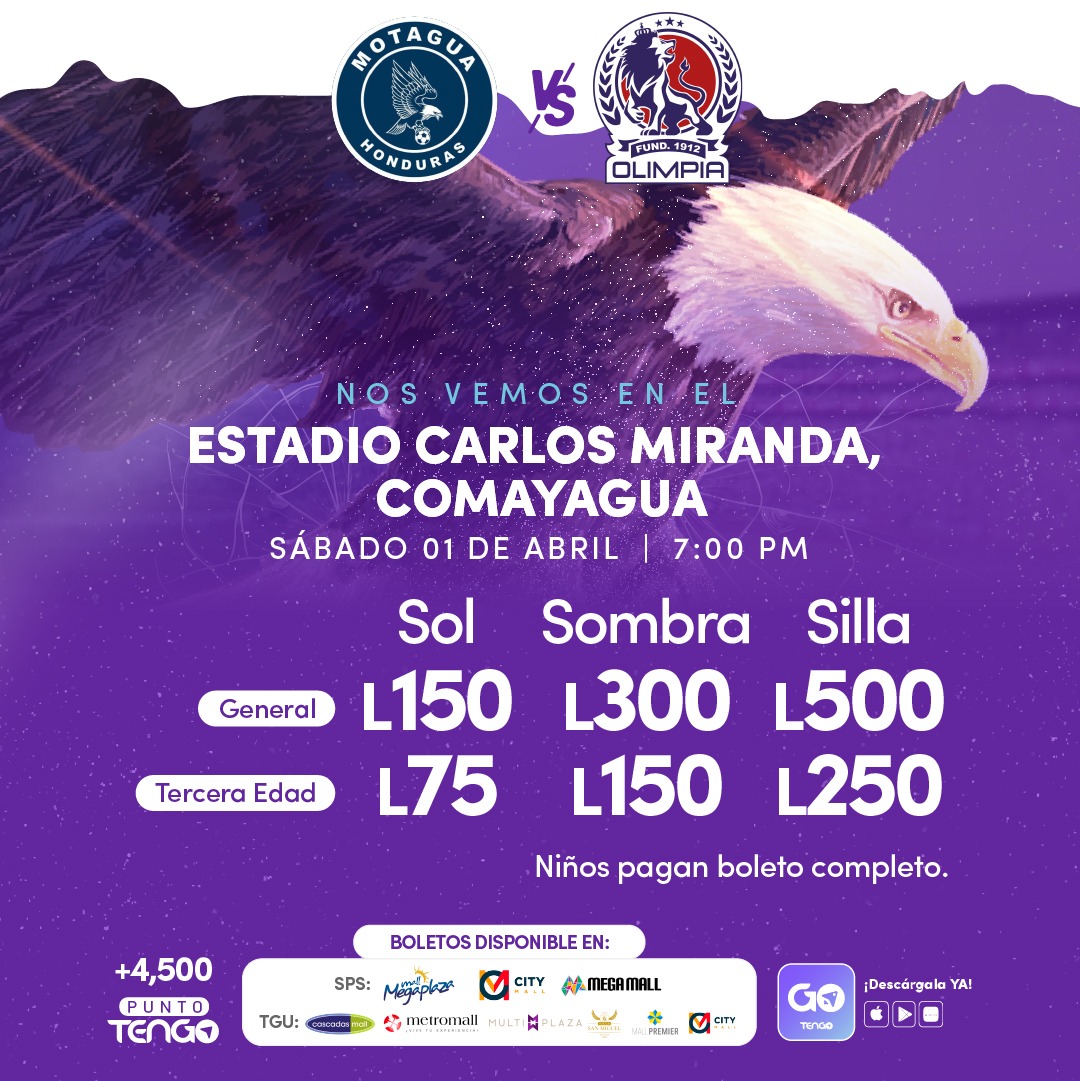 TENGOHonduras's tweet photo. 📢 HOY juega el ¡Ciclón Azul! 🦅💙
Día de Clásico en Comayagua 🏟⚽️ ¡No te pierdas la emoción y la pasión del fútbol en vivo! Consigue tus boletos ahora mismo desde tu App GO, +4500 Puntos o Kiosco TENGO 💜 ¡No esperes más! 🎟🤩
#AppGoTengo #Tengo #AppGO https://t.co/7VrCd5Sk5T