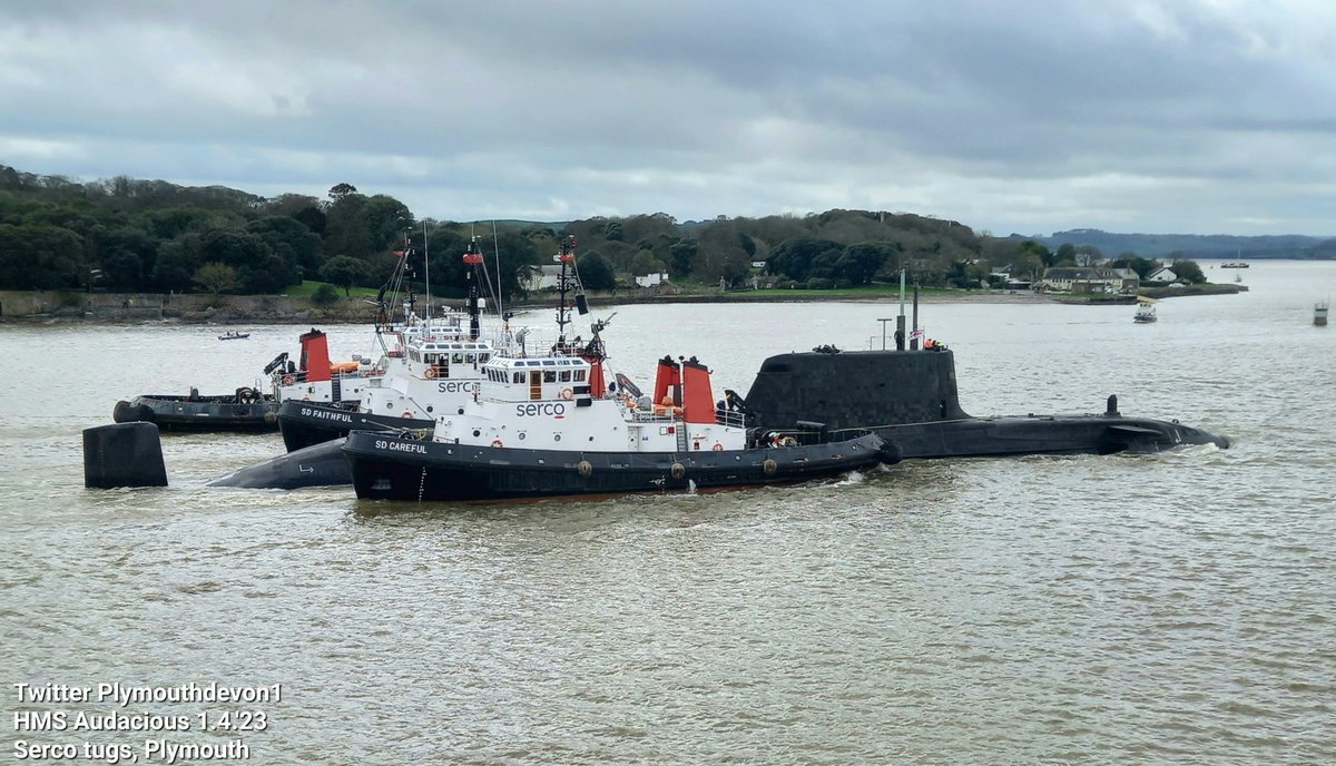 PlymouthDevon1's tweet photo. Pt 2/2: 🇬🇧 Submarine HMS Audacious (S122), inbound to Devonport Plymouth this afternoon, guided by tugs. #HMSAudacious #Plymouth #Devonport #Serco @TugboatsUK #Submarine #S122 #Submarines #BritainsOceanCity @DestinationPlym #RiverTamar #SDCareful #SDFaithful #SDAdept #RoyalNavy https://t.co/4DOzuElDYA