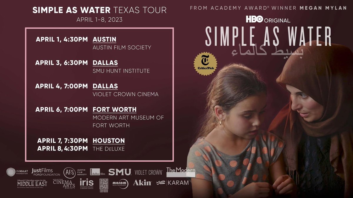 MeganMylan's tweet photo. Texas, here we come! #simpleaswater screening info at https://t.co/3CtQI3LxVH 
Austin 4/1, Dallas 4/3 &amp; 4/4, Fort Worth 4/6, Houston 4/7 &amp; 4/8. https://t.co/qXXQwmjiW7