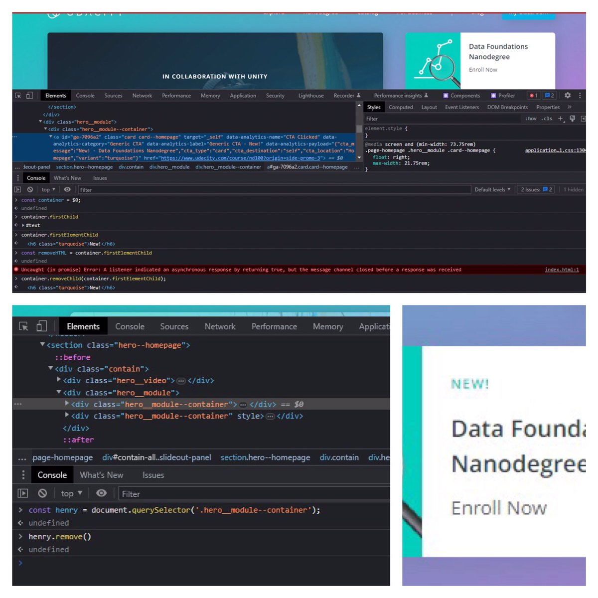 TheHenryIgwe's tweet image. Day 29.
removeChild() vs remove()
firstChild shows the first value of a parent div, which might be a blank space (just as in the sample below).
firstChildElement() shows the first element of a parent div.
#30daysOfJavaScriptChallenge