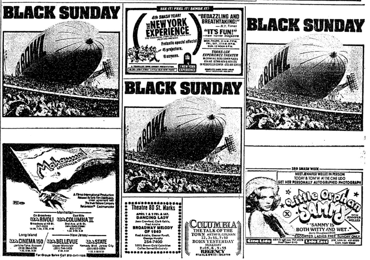 These were your ads for JohnFrankenheimer's BLACK SUNDAY, which opened OTD in NYC 46 yrs ago. It was one of Paramount's highest ever pre-release scoring films from test screenings, & the studio thought it would be the blockbuster of 1977. As in the film, tests did not bear fruit.