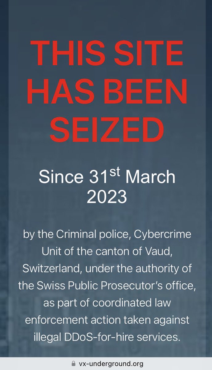 BrettCallow's tweet photo. #vxunderground has met the same fate as #BreachForums - and about time too. Kudos to the Cybercrime Unit of the canton of Vaud and all the other agencies involved in the action. #TangoDown
https://t.co/GEif3GcZNX https://t.co/M42rWiS9VS