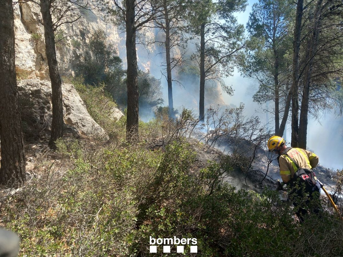 bomberscat's tweet photo. L'incendi de Gandesa està ja ESTABILITZAT (18.30h). Cal destacar que, malgrat cremava una zona sensible, la gestió forestal duta a terme els darrers anys ha evitat un incendi de majors magnituds https://t.co/ppQkFVuSUK