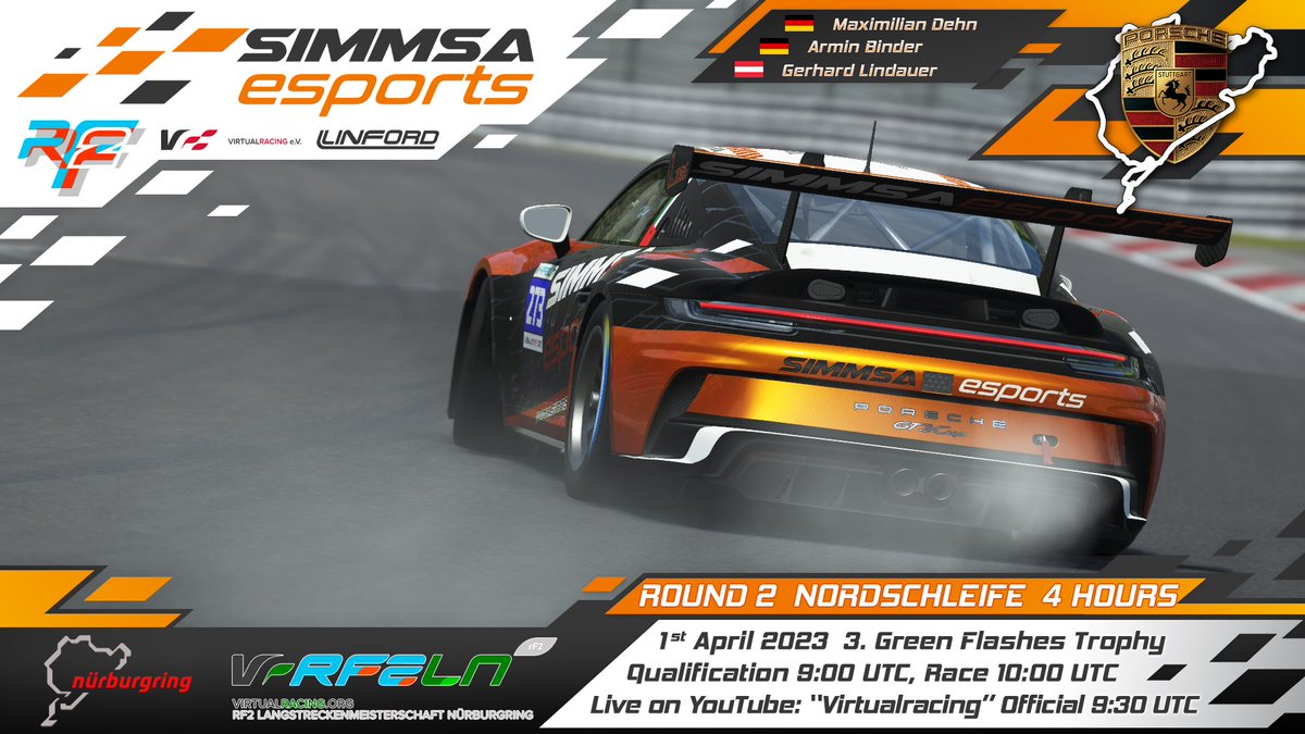 SIMMSA_Esports's tweet photo. Round 2 on the Green Hell! #VRRF2LN #nuerburgring in our Porsche 911 GT3 Cup (992)
A.Binder 🇩🇪
M.Dehn 🇩🇪
G.Lindauer 🇦🇹
All the best of luck 🤞🏻💪🏻 to our drivers, crew and team!
#endurance #porsche #thegreenhell #nordschleife https://t.co/JKpXlzFoNL
