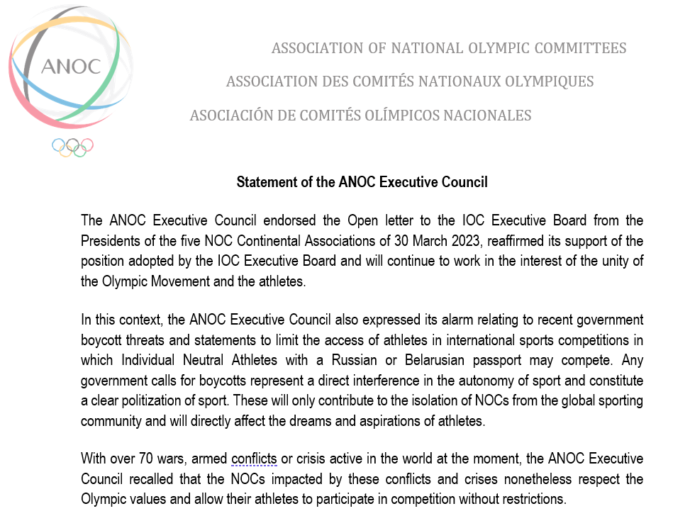 ANOC_Olympic's tweet photo. ANOC EC endorsed the open letter to the IOC EB from the Presidents of the 5 CAs of 30 March 2023, reaffirmed its support of the position adopted by the IOC EB &amp; will continue to work in the interest of the unity of the Olympic Movement and the athletes. ➡️https://t.co/tpP9vEOSgv https://t.co/t3VqeORn6X