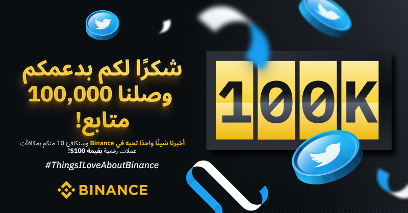 لأنك السبب في وصولنا إلى 100,000 متابع، قررنا رد الجميل إليك. احصل على فرصة الفوز بـ 100$ من العملات الرقمية.

للمشاركة:
🔸أخبرنا عن شيء واحد تحبه في بينانس واستخدم هاشتاغ #ThingsILoveAboutBinance
🔸قم بعمل تاغ لـ 3 من أصدقائك

كم سبب بإمكاننا أن نجمع حول محبة مستخدمينا لبينانس؟