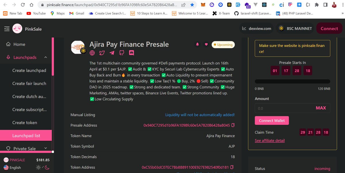 ajiraPayDefi's tweet photo. We are on @pinkecosystem for our #PreSale 

Start Date: Mon April 3rd 10:00 AM UTC
End Date: Sat 8th April 23:00 PM UTC

Soft/Hard Cap: 30/120 BNB

Launch Price: $0.1 per $AJP on April 16th

https://t.co/BkADs4pXbi

#BTC #Bitcoin #Pinksale #BNB #NFTs  #Crypto #Crypcurrency https://t.co/zPtxHJfynw