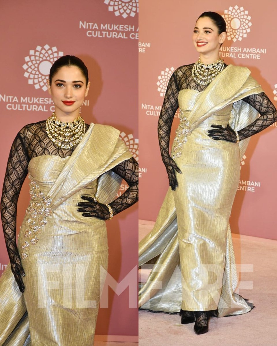 filmfare's tweet photo. #TamannaahBhatia arrives for the Day 2 celebrations of the opening of NMACC hosted by Isha Ambani. ✨️ https://t.co/YLJqCR6R1d