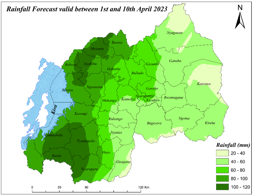 MeteoRwanda's tweet photo. 🛑10 days forecast: From 1st to 10th April 2023, rainfall ranging between 20 and 120 mm is expected across the country, a reduced rainfall compared to the rainfall recorded in last two dekads of March 2023. Details: https://t.co/HLYJWjFQsN https://t.co/TOC4vb9P9B