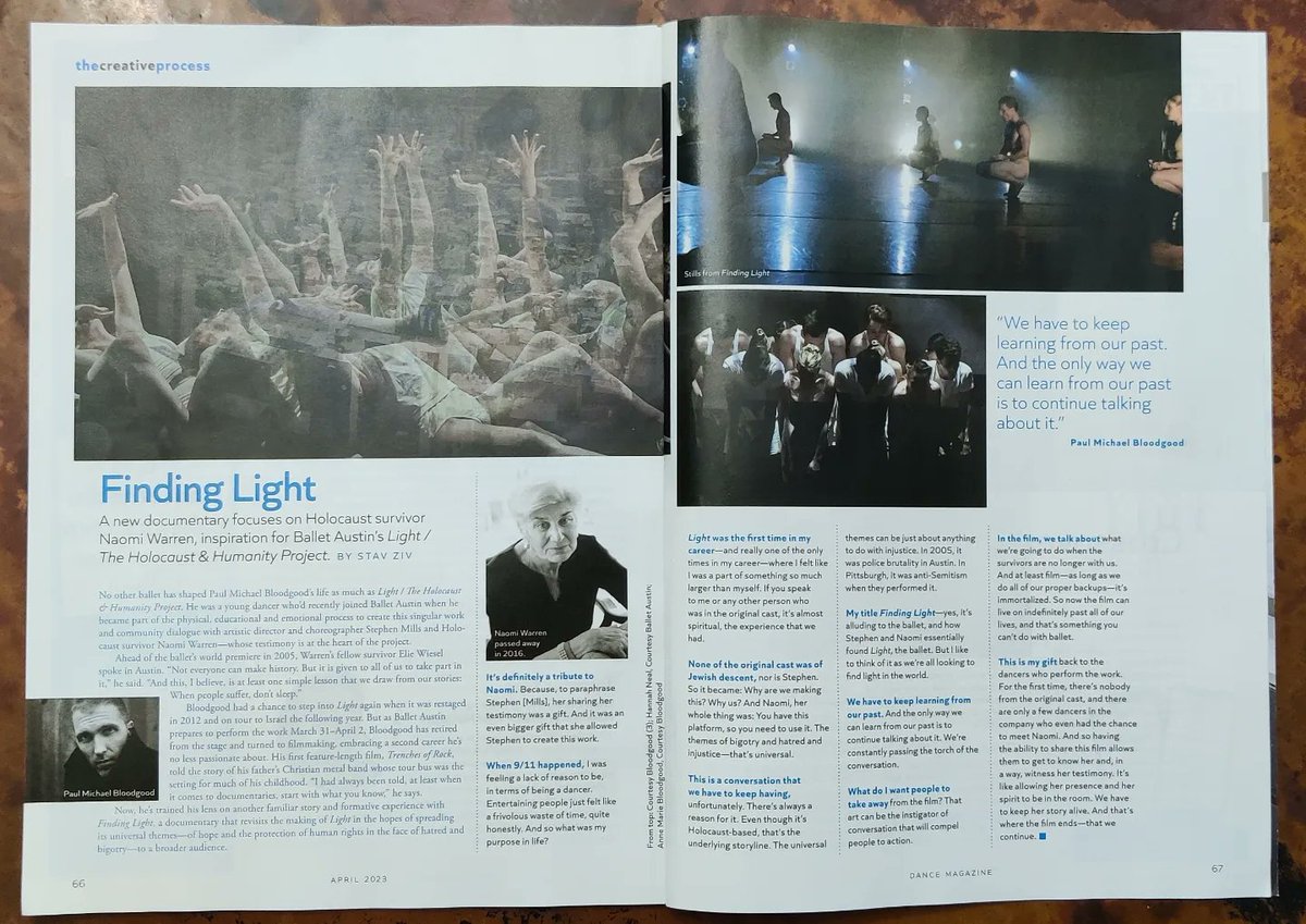 Thanks so much to <a href="/Dance_Magazine/">Dance Magazine</a> &amp; <a href="/stavziv/">Stav Ziv</a> for the interview about my documentary, #FINDINGLIGHT - the origin story of #StephenMills' "Light / The Holocaust &amp; Humanity Project." Please grab a copy &amp; support the publication! 📰🙌🏻
dancemagazine.com/finding-light-…