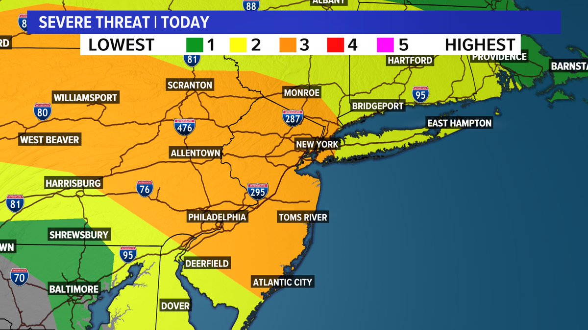 pcavlin's tweet photo. ⚠️ Anddddd there it is - a large enhanced risk across much of New Jersey, PA, and NYC
🌪️ A few #torandoes are certainly in play near the I-95 corridor this evening
🏙️ Philly, Newark, and NYC all in the highest risk
Take this seriously and be weather alert
#NYwx #PAwx #NJwx https://t.co/2u7yTb9VrK