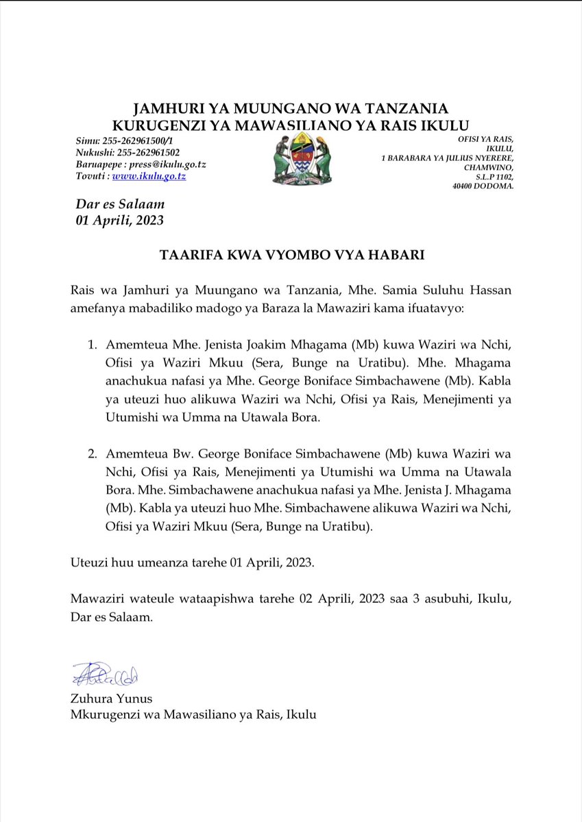 MABADILIKO BARAZA LA MAWAZIRI