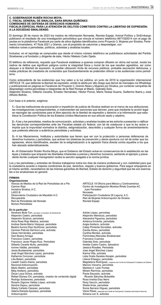 ObservaLibertad's tweet photo. Él Observatorio de Libertad de Expresión de la @udg_oficial se une a la protesta realizada por redes de periodistas, medios y comunicadores de #Sinaloa al descubrirse el pago de pautas en Facebook con el fin de desprestigiar a ciertos periodistas. @AdrianLopezMX @noroestemx https://t.co/w3Hvv2mhuM