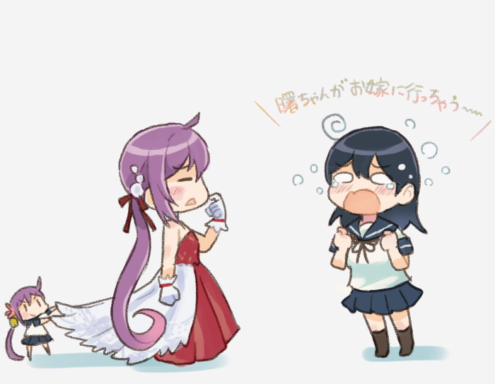 akebono (kancolle) ,ushio (kancolle) hair bell side ponytail purple hair long hair hair ornament multiple girls serafuku  illustration images