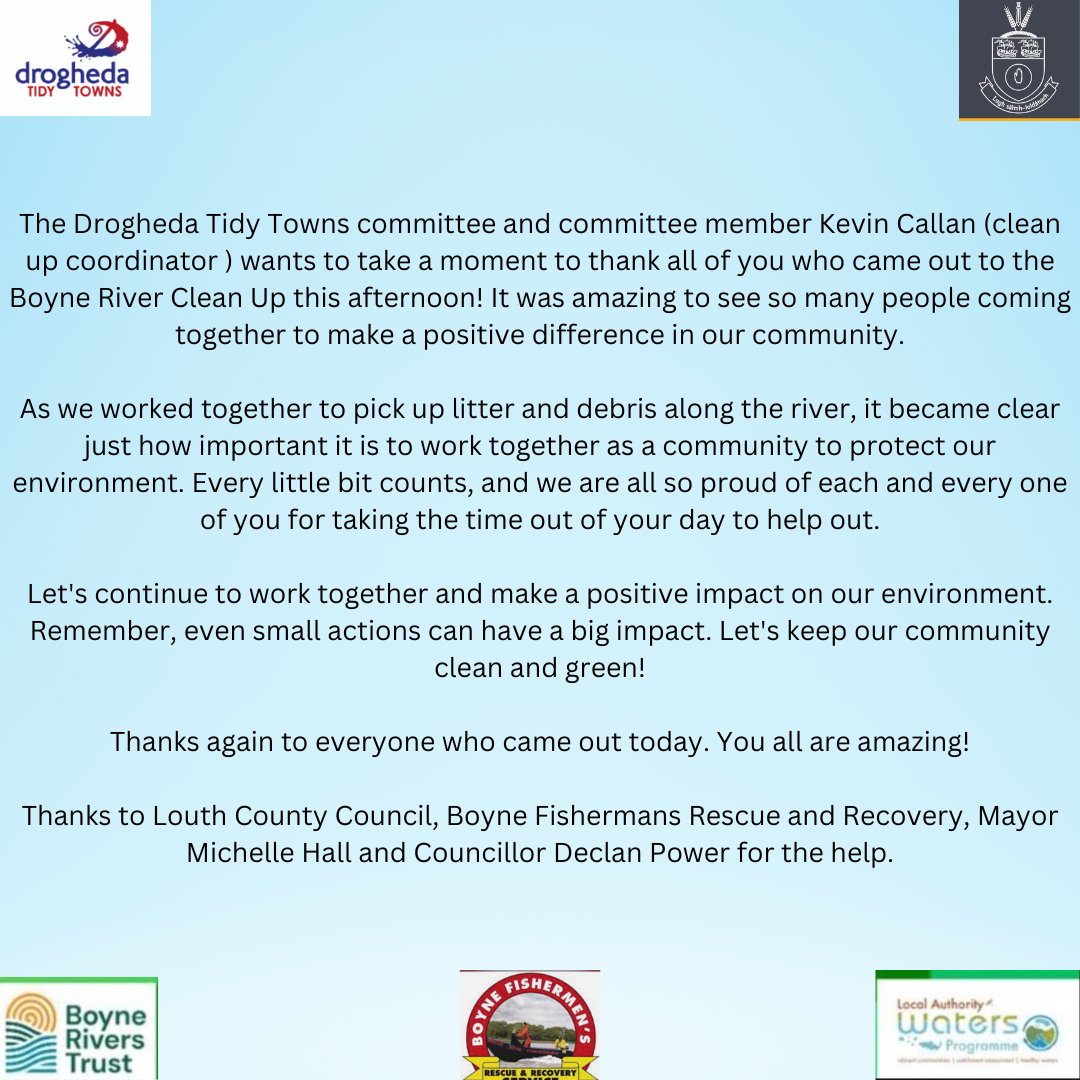 DrogTidyTown's tweet photo. Boyne River Clean Up! Let's continue to work together and make a positive impact on our environment. Remember, even small actions can have a big impact. Let's keep our community clean and green
#BoyneRiverCleanUp
#savetheboyne
#CommunityWorkingTogether #ProtectingOurEnvironment https://t.co/u2DD3SWWCJ