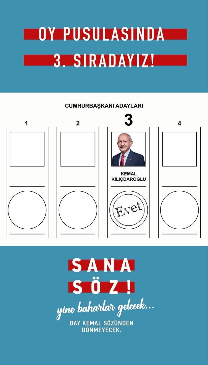 Oy pusulasında, 13. Cumhurbaşkanımız Sayın Kemal Kılıçdaroğlu 3. sırada yer alıyor. #SanaSöz