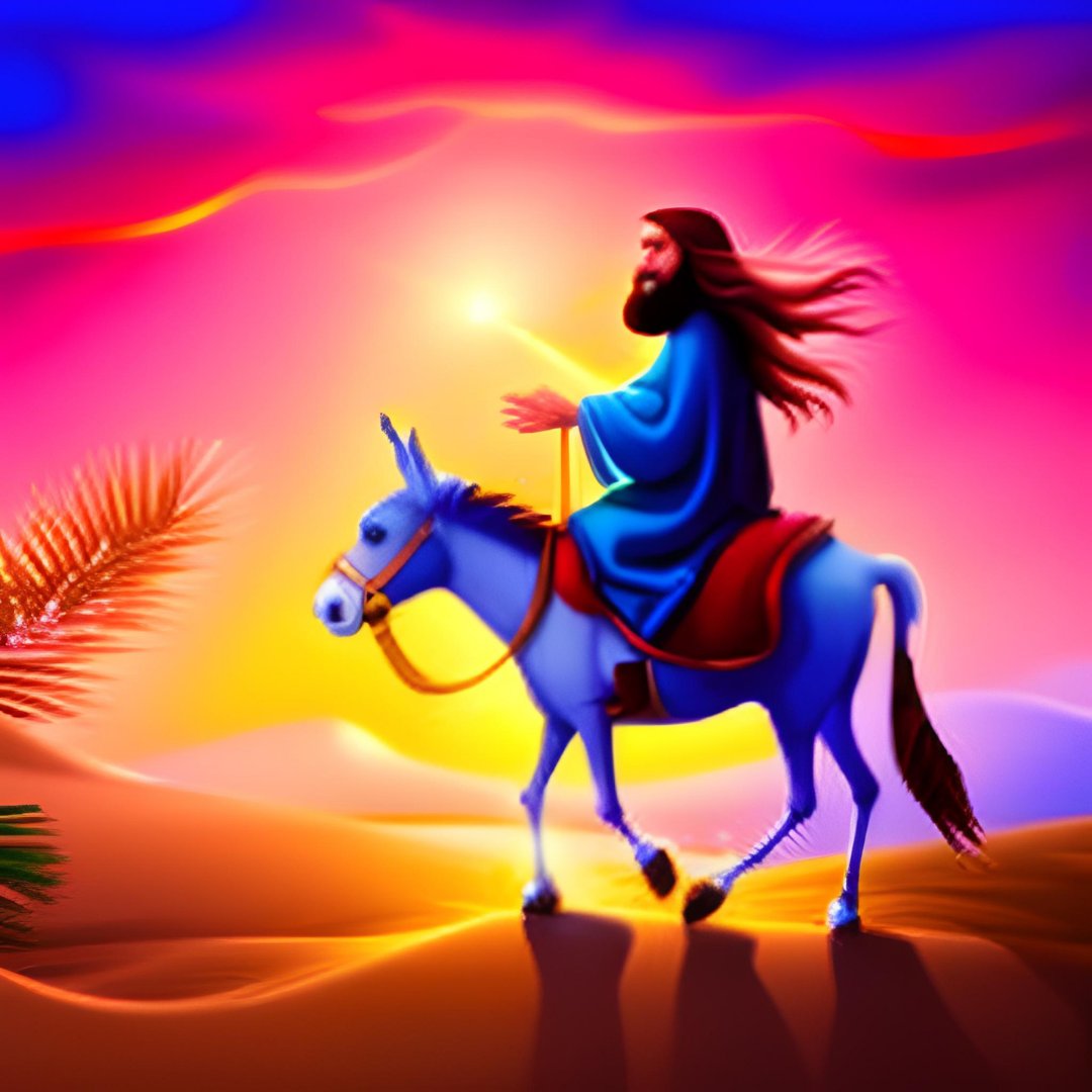 An AI depiction of Jesus starting his palm parade into Jerusalem. Come see how it continues tomorrow in Worship at 11:00 am. #palmsunday