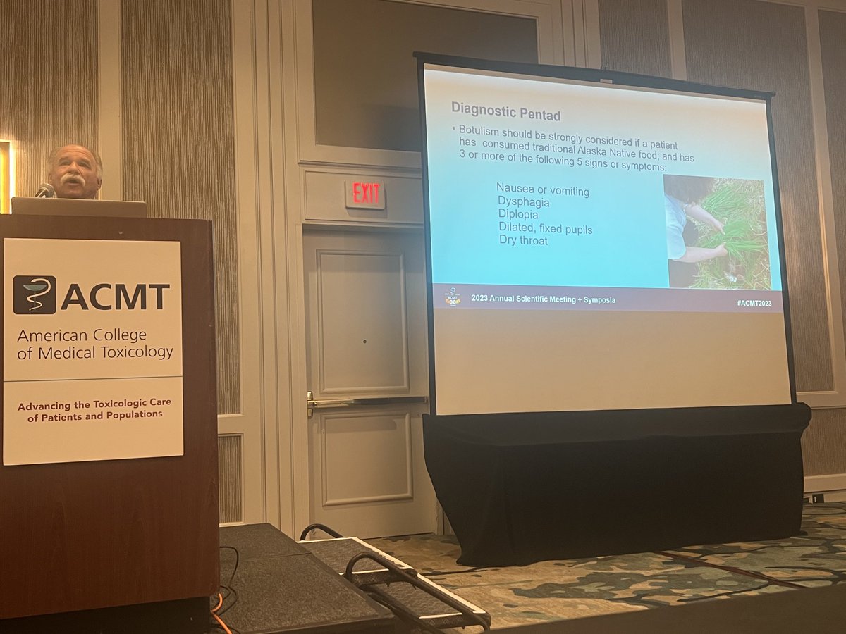 Timothy Wiegand, MD, FACMT, FAACT, DFASAM (@twtoxmd) on Twitter photo B. Zane Horowitz #ACMT2023 on diagnostic Pentad for botulism in Alaska. Consider if individual has consumed Alaskan native food and has 3 of following: nausea or vomiting, dysphagia, diplopia, dilated fixed pupils, or dry throat. <a href="/acmtmedtox/">American College of Medical Toxicology</a> <a href="/ORpoisoncenter/">Oregon Poison Center</a> B. Zane Horowitz #ACMT2023 on diagnostic Pentad for botulism in Alaska. Consider if individual has consumed Alaskan native food and has 3 of following: nausea or vomiting, dysphagia, diplopia, dilated fixed pupils, or dry throat. <a href="/acmtmedtox/">American College of Medical Toxicology</a> <a href="/ORpoisoncenter/">Oregon Poison Center</a>