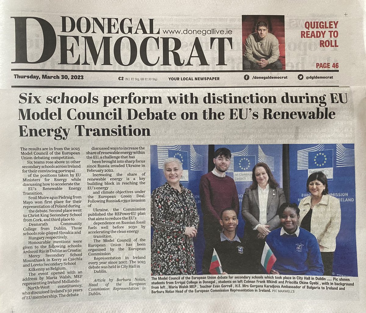 ErrigalCollege's tweet photo. Thank you to the team at the @dgldemocrat for covering our recent trip to the EU Model Council Debate 🇪🇺🇧🇬
We are delighted to feature on page 8 👏
#WeAreDonegalETB #ModelCouncil #RePowerEU https://t.co/q8v9csOoEK