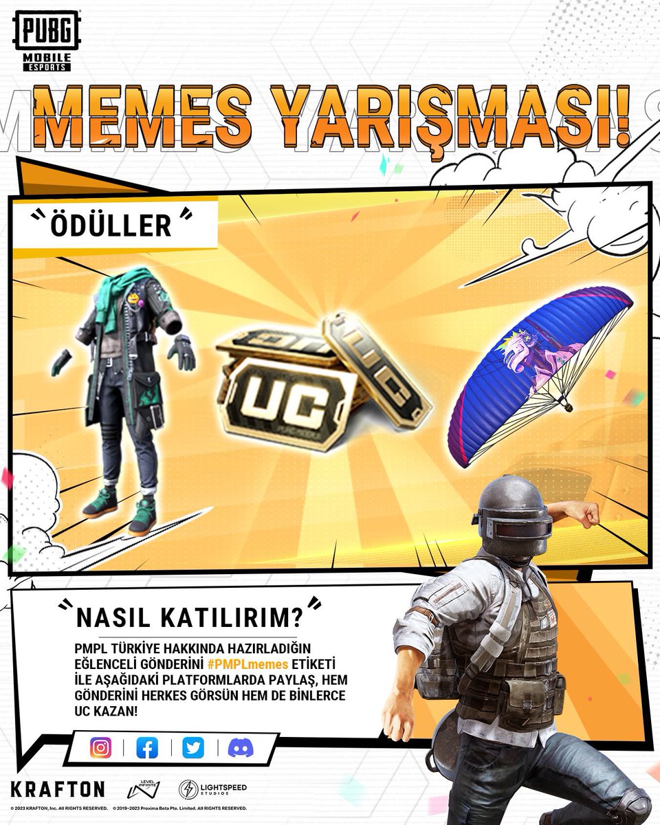 pubgm_espor_tr's tweet photo. 16 Nisan’a kadar PMPL Eğlenceli içerik yarışması başladı! 🎊
Türkiye ile ilgili eğlenceli gönderilerini #PMPLmemes etiketi ile ilgili platformlara yükle, UC kazanma şansı yakala! 🥳
ÖDÜLLER
🥇- 8.000 UC
🥈- 3 kişiye 4.000 UC
🥉- 5 kişiye 2.000 UC
#PUBGMOBILE #PMPLTÜRKİYE https://t.co/biVMEcYgoX