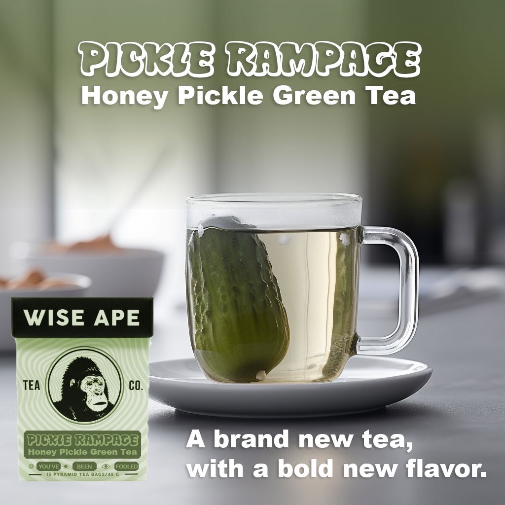 WiseApeCo's tweet photo. We’re going where no tea has ever gone before. 

Introducing a brand new flavor experience, Pickle Rampage! 
🥒 🍵 

It's like a sandwich shop crashed into a beehive, and everyone survived – but in tea form. 🍯🥒

Limited time only, get it today!
https://t.co/min3pTkyXL https://t.co/MkgbLdINtR