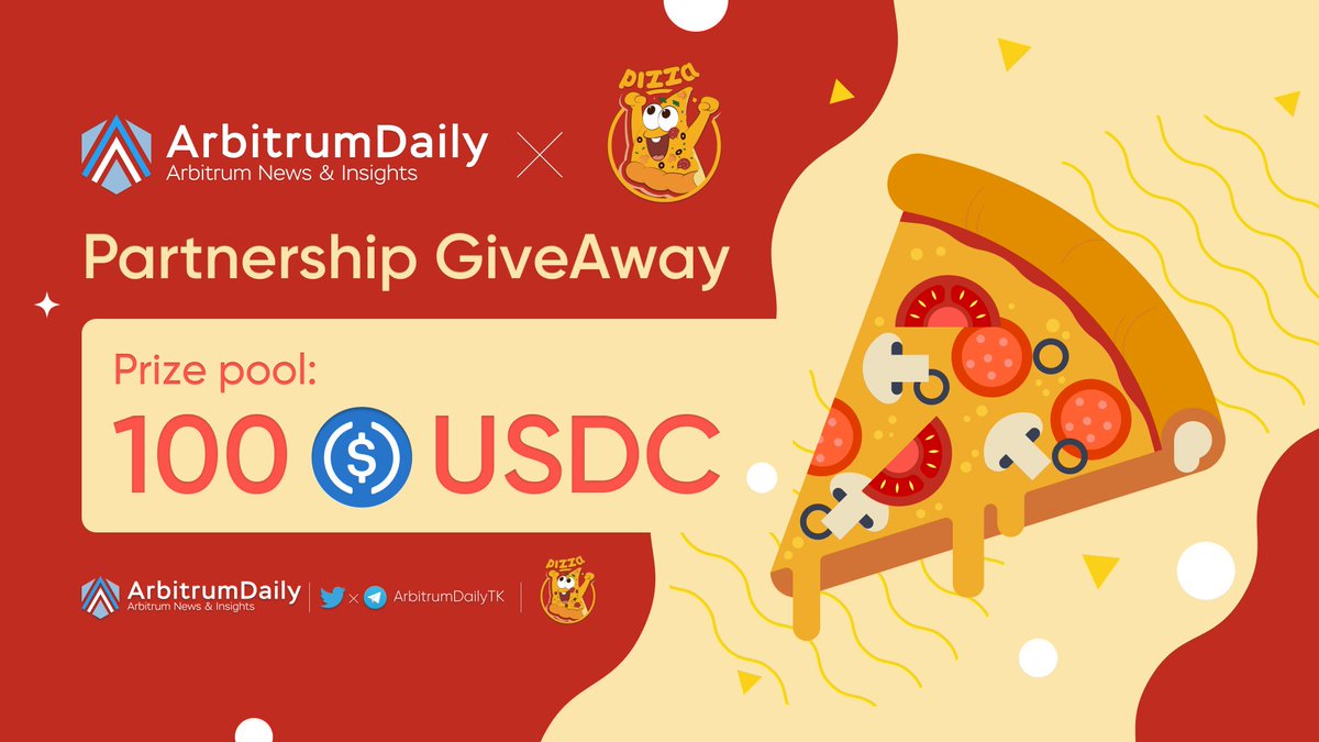 Arbitrum Daily (💙,🧡) (@arbitrumdailytk) on Twitter photo 🔈 PARTNERSHIP ANNOUNCEMENT - GIVEAWAY EVENT
🎁 Prize: 100 $USDC for 5 Participants
✔️ To Enter:
1⃣ Follow <a href="/ArbitrumDailyTK/">Arbitrum Daily (💙,🧡)</a> x <a href="/Arb_PizzaSwap/">PizzaSwap #Arbitrum(💙,🧡)(🍕,📈)</a>
2⃣ Retweet &❤️ this post
3⃣ Tag 3 friends
4⃣ Join tele t.me/pizzaswaparb
⏰ End in 2 days
#Arbitrum #Airdrop #Giveaway 🔈 PARTNERSHIP ANNOUNCEMENT - GIVEAWAY EVENT
🎁 Prize: 100 $USDC for 5 Participants
✔️ To Enter:
1⃣ Follow <a href="/ArbitrumDailyTK/">Arbitrum Daily (💙,🧡)</a> x <a href="/Arb_PizzaSwap/">PizzaSwap #Arbitrum(💙,🧡)(🍕,📈)</a>
2⃣ Retweet &❤️ this post
3⃣ Tag 3 friends
4⃣ Join tele t.me/pizzaswaparb
⏰ End in 2 days
#Arbitrum #Airdrop #Giveaway