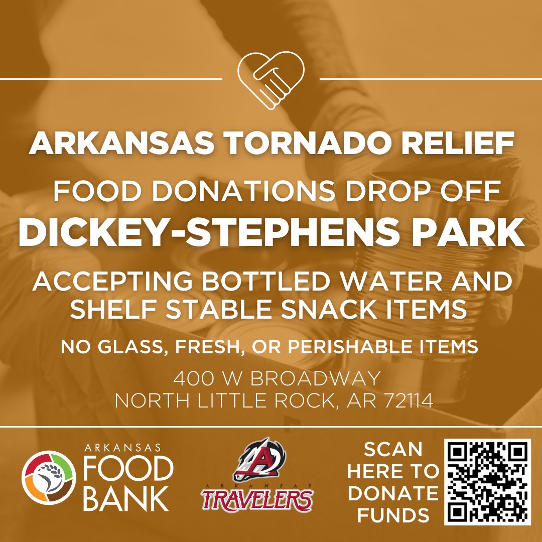 Arkansas Foodbank (@arfoodbank) on Twitter photo We are accepting food donations at Dickey-Stephens Park in NLR. We'll be accepting bottled water and shelf stable snack items. No glass, fresh, or perishable items. Thank you to our friends <a href="/ARTravs/">Arkansas Travelers</a> for helping us gather donations to help those affected by yesterday's tornadoes. We are accepting food donations at Dickey-Stephens Park in NLR. We'll be accepting bottled water and shelf stable snack items. No glass, fresh, or perishable items. Thank you to our friends <a href="/ARTravs/">Arkansas Travelers</a> for helping us gather donations to help those affected by yesterday's tornadoes.