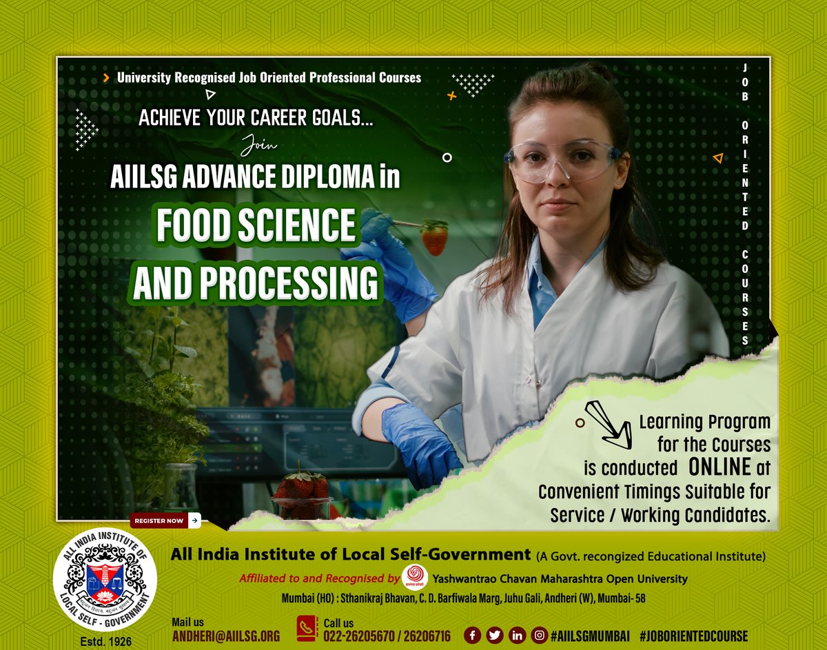 FOOD INDUSTRY OFFERS NO. OF JOB OPPORTUNITIES!
Join the course Advance Diploma in #FOOD SCIENCE &amp; PROCESSING. 
ONLINE Learning / Training as per your convenient timing, Training by Professionals
Contact : 022-26205670 / 26206716 
andheri@aiilsg.org
#careerdevelopment #jobseeker