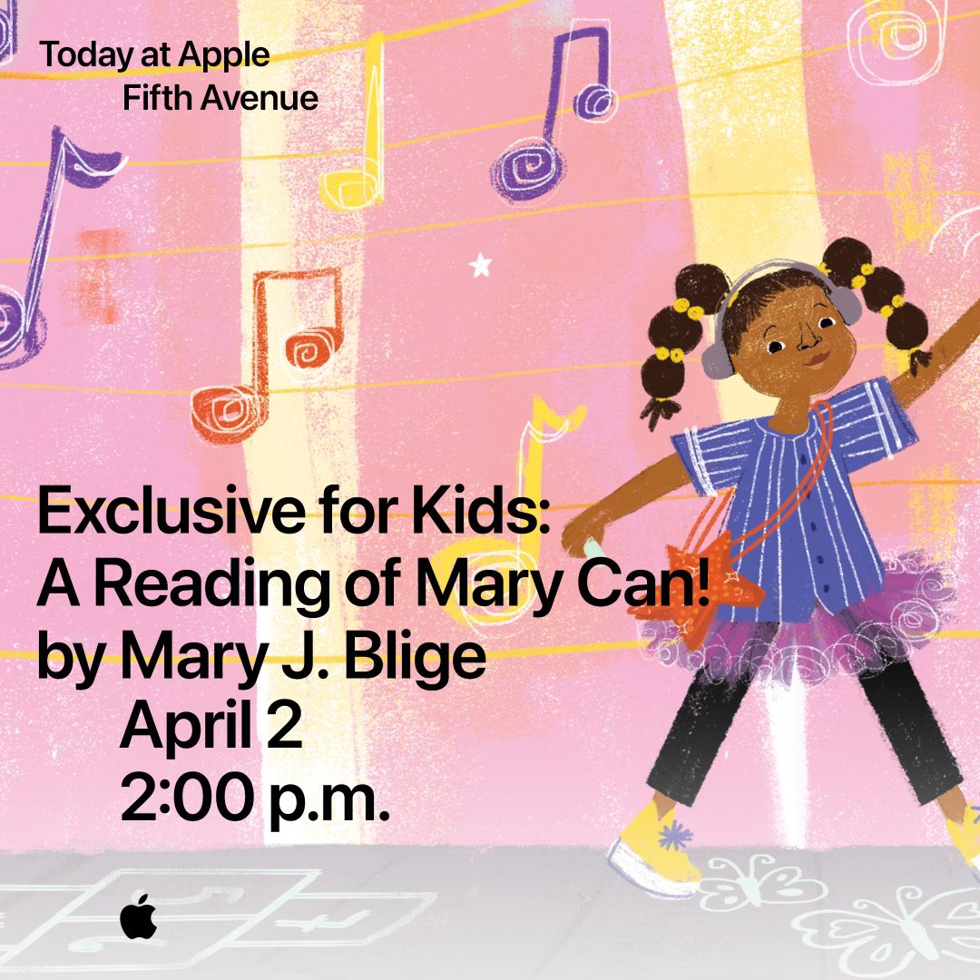 Join me tomorrow, April 2, at Apple Fifth Avenue NYC for an exclusive reading of my book Mary Can! We’ll show you how to imagine yourself as part of the story by drawing or writing on iPad, followed by an appearance by @WanMor. Sign up at apple.co/mary-can  #TodayatApple