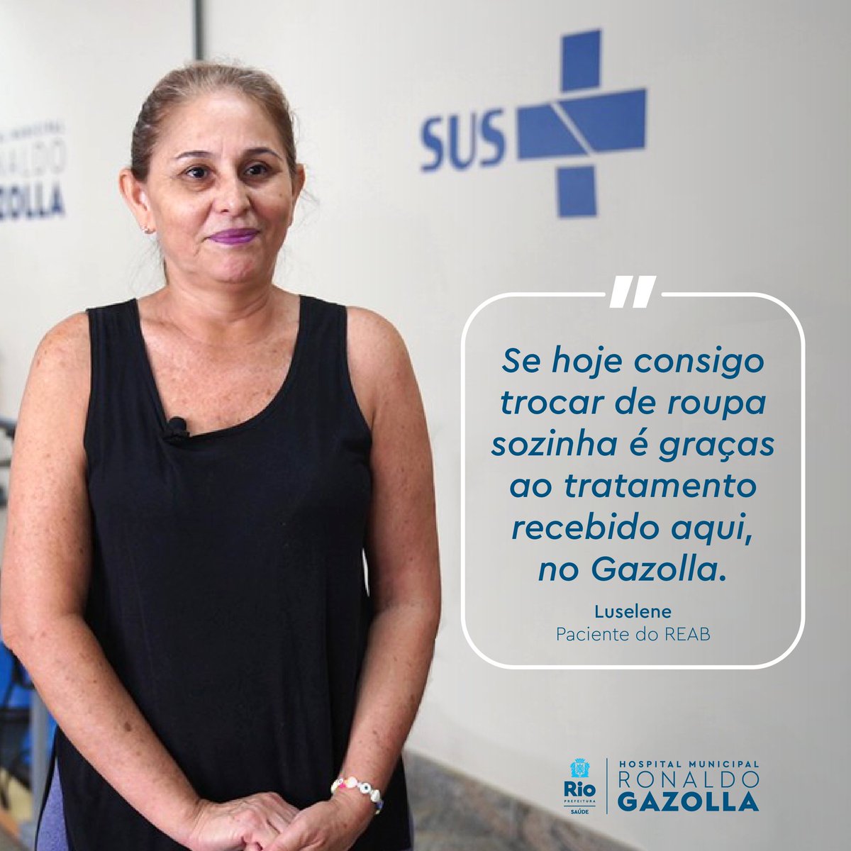 HMRGazolla's tweet photo. “O tratamento é nota 10”. Foi assim que Luselene Lopes definiu o atendimento que recebe no nosso Centro de Reabilitação.
Esse é um serviço que nos enche de orgulho, pois nos dá a certeza de que estamos fazendo a diferença na vida da população carioca.
#Reab #OrgulhoSUS https://t.co/EB8zrTKzKq