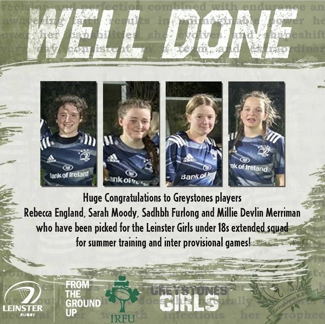 GreystonesRFC's tweet photo. Continuing a fantastic week for the club, we are very proud to congratulate 4 of our #grfcGirls who have been selected for their respective age grade extended Leinster squads - a huge Well Done Rebecca, Sarah, Sadbh + Millie 💚🤍 #thesegirlscan #fromminitomighty #fromthegroundup https://t.co/3tAOsZknA6