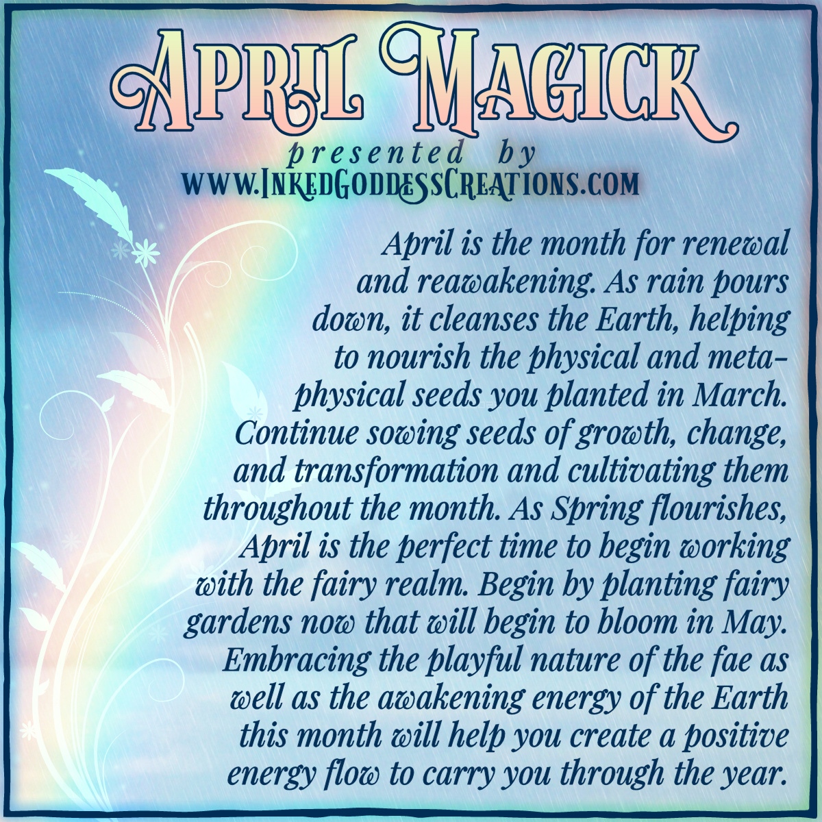 inkedgoddesshop's tweet photo. ~ April Magick ~

April is the month for renewal and reawakening. Embracing the playful nature of the fae as well as the awakening energy of the Earth will help you create a positive energy flow to carry you through the year.

#AprilMagick #Renewal
https://t.co/oYxyVzvJNV https://t.co/jSGupT8Cgy
