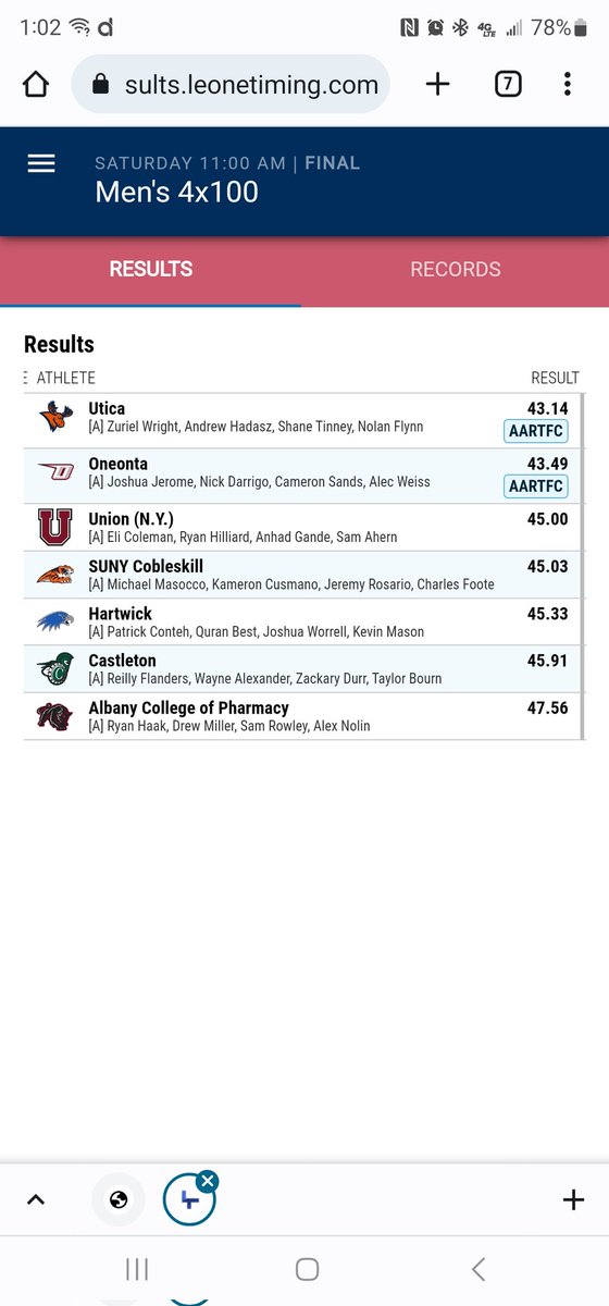 UticaXCTF's tweet photo. Mens 4x100m hits the #aartfc standard and gets the win! #weareUTICA @UCPioneers https://t.co/HVGckKoatb