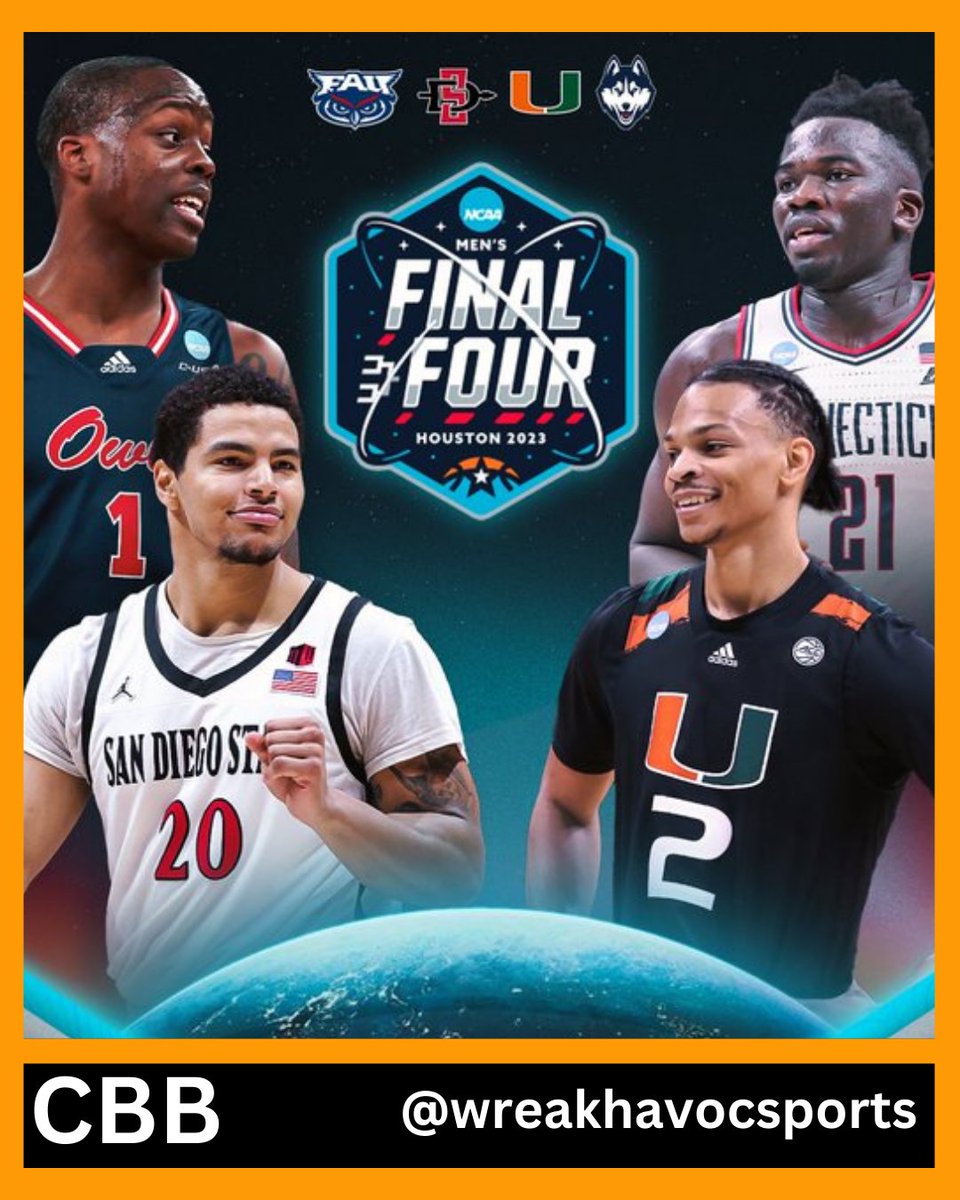 sports_wh's tweet photo. Final Four begins tonight with FLORIDA ATLANTIC (6) vs. SAN DIEGO STATE (5)
 &amp; MIAMI (5) vs. UCONN (4). 
#UCONN #FDU #marchmadness #miami #sdsu #Final4 https://t.co/lMW3tWKmqn