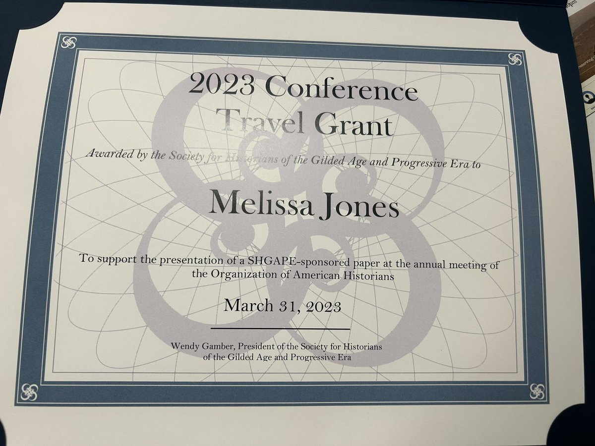 Excited to be presenting <a href="/The_OAH/">Organization of American Historians</a> &amp; representing <a href="/shgape/">SHGAPE</a>.  Humbled, honored &amp; grateful for SHGAPE’s recognition &amp; the generous travel grant that made #OAH23 possible for me. Many thanks to Dr. Amy Wood, &amp; selection comm. Dr. Stacy Cordery, Dr. Michael Lansing, &amp; Dr. Tara White