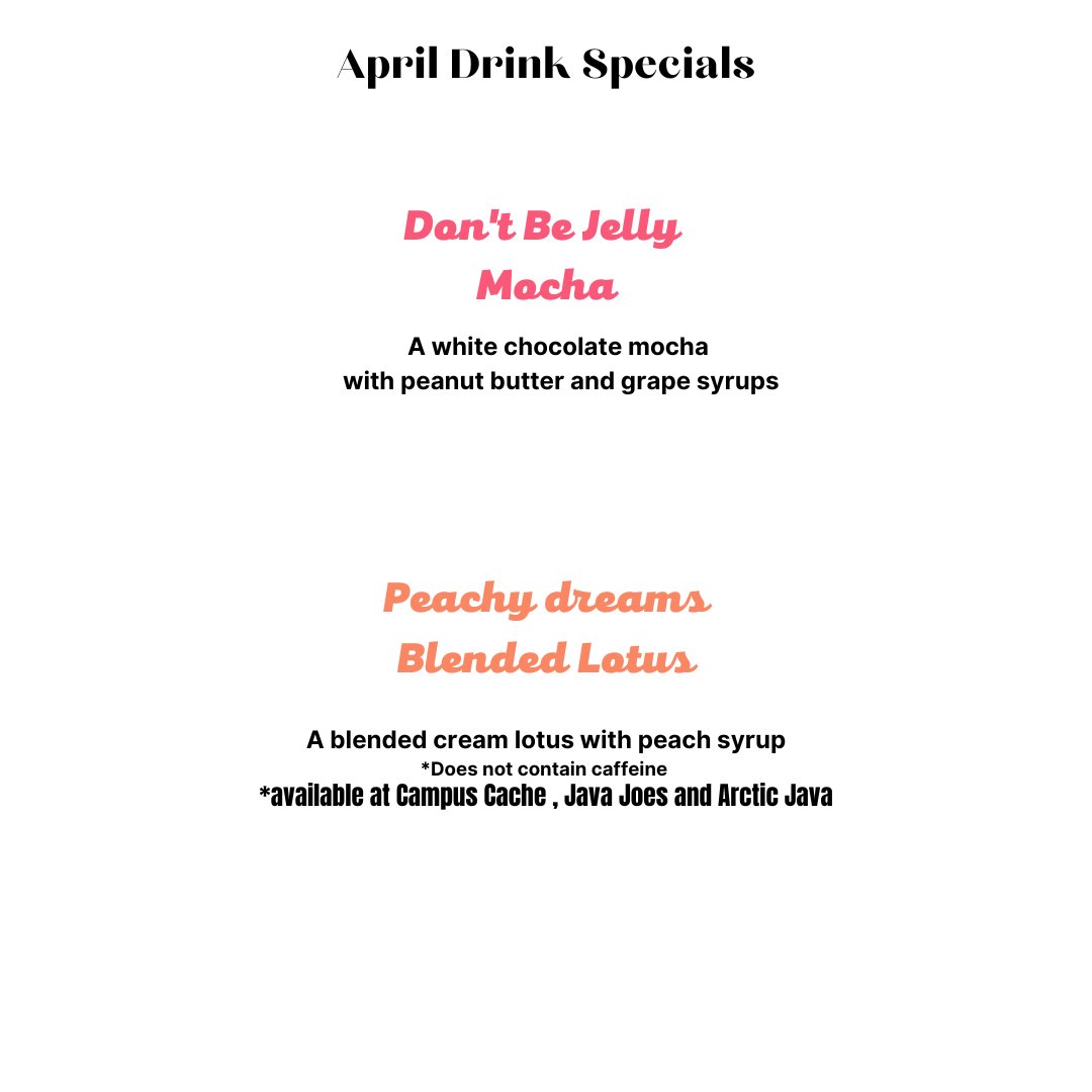 UAFChartwells's tweet photo. Here are the April Drink specials! Starting today !! Get em while you can https://t.co/riCBhFouYF