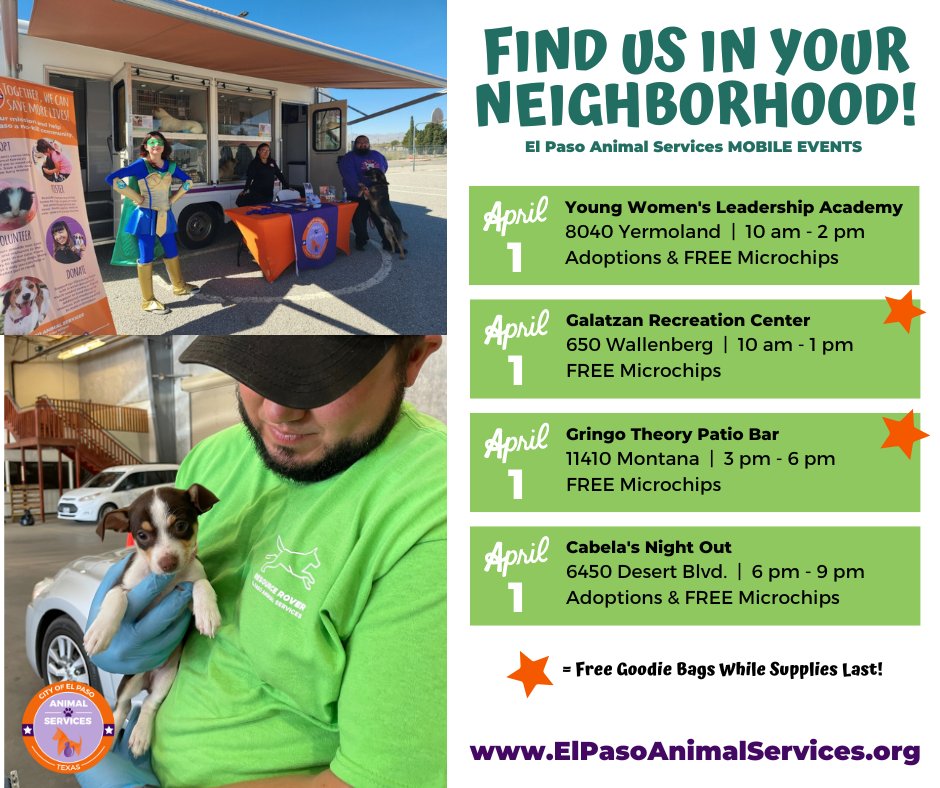 ElPasoAnimalSvc's tweet photo. If you're looking to adopt, or your pet needs a microchip, we'll be all over El Paso today! Come visit us at one of our upcoming mobile events. #elpaso 

For more events, visit https://t.co/2j1eyMZ7T7 https://t.co/ixtyPSFj0V