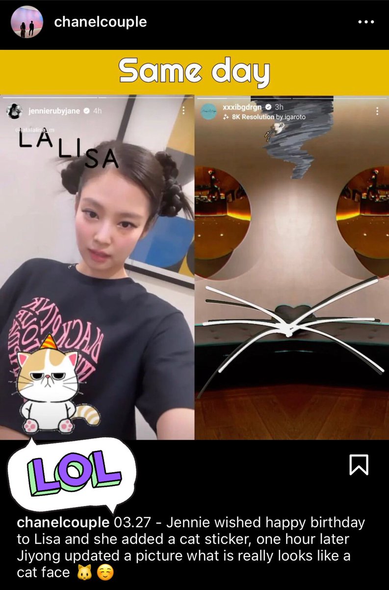 GDJENGDX's tweet photo. jennie and gd had updated the same day. After jennie put the cat sitcker, gdragon shared something similar to cat :) #jendragonisreal #taennieisfake #jendragonreal #taenniefake #blackpink #jenniekim #jiyong #jendragonedit #theidol #chanelcouplejendragon #jennierubyjane #ninigd https://t.co/tqSUy1JJnU