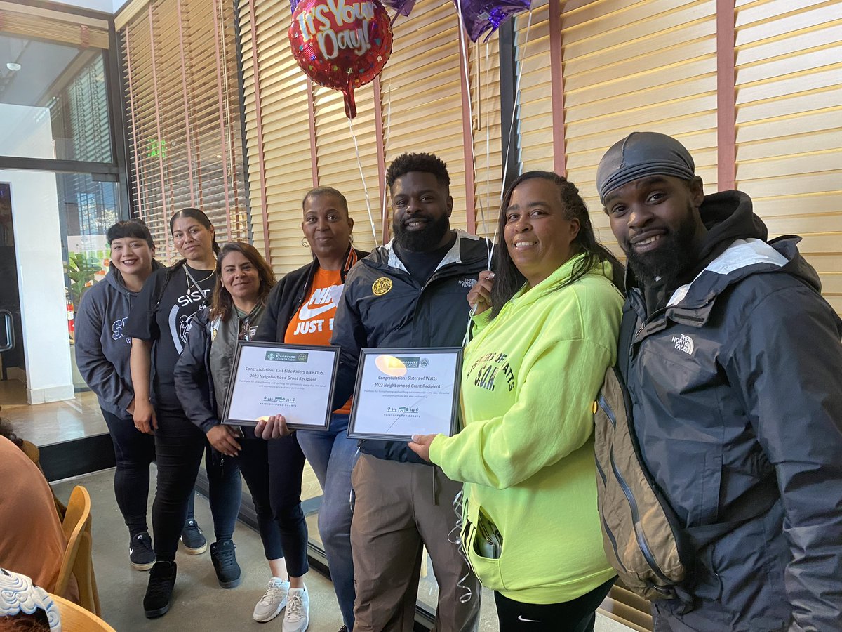 Yesterday @sistersofwatts and @EASTSIDERIDERS  received the neighborhood grant from Starbucks in #Watts. We put The Unity in CommUnity. Coming together as ☝️ ❤️